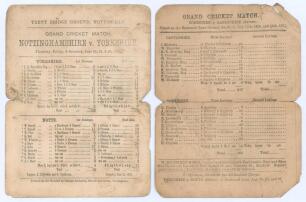 Yorkshire C.C.C. 1870 & 1871. Two early original scorecards, one for the match v. Nottinghamshire at Trent Bridge, 23rd- 25th June 1870 with complete printed scores. Yorkshire (108 & 122) beat Nottinghamshire (56 & 172) by the narrow margin of two runs. P