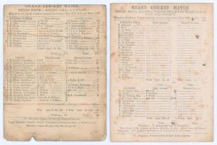 United North and United South Elevens 1872 & 1873. Two early original scorecards, one with complete printed scores for [sixteen] Colts of England v. United North played at the Savile Cricket Ground, Dewsbury 20th- 22nd May 1872, the match was drawn. The U