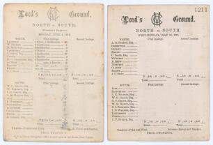 North v. South 1873 & 1874. Two early original scorecards for matches played at Lord&rsquo;s. One for George Wootton&rsquo;s Benefit match played 2nd & 3rd June 1873 with incomplete printed and handwritten scores in pencil. North (147 & 193) beat South (98 & 158) by