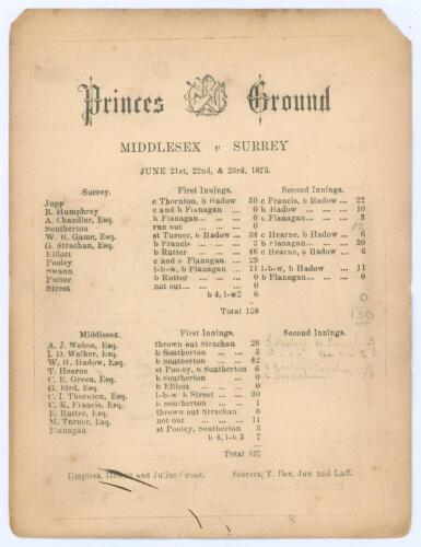&lsquo;Princes Ground. Middlesex v Surrey&rsquo; 1875. Early original double sided scorecard with incomplete printed and handwritten scores in pencil for the match played at Prince&rsquo;s Cricket Ground, Chelsea, 21st- 23rd June 1875. Surrey (158 & 130) beat Middlesex (13