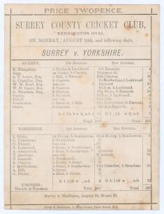 &lsquo;Surrey v. Yorkshire&rsquo; 1875. Early original scorecard with complete printed scores for the match played at Kennington Oval 16th- 18th August 1875. Surrey (182 & 105) lost to Yorkshire (161 & 127/2) by eight wickets. Yorkshire&rsquo;s Tom Armitage was not out in 