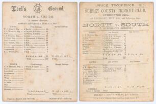 North v. South 1876. Two early original scorecards, both with incomplete printed scores. One for the match played at Lord&rsquo;s 5th- 7th June 1876 (Tom Hearne&rsquo;s benefit). South (238 & 246) beat North (210 & 189) by 85 runs. The other for the drawn match (Tom 