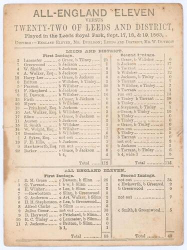 &lsquo;All-England Eleven versus Twenty-Two of Leeds and District&rsquo; 1863. Early original single sided scorecard with complete printed scores for the match played at Royal Park, Leeds, 17th- 19th September 1863. In a rain affected match Leeds batted first and pos