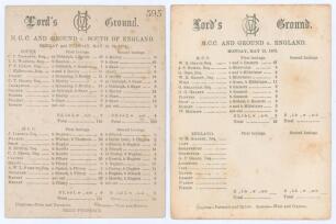 M.C.C. and Ground 1874 & 1878. Two early original scorecards for M.C.C. matches played at Lord&rsquo;s. Matches are v. South of England 18th & 19th May 1874, complete printed scores. South (145 & 139) beat M.C.C. (131 & 60) by 93 runs. The other is for the matc