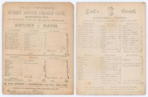 Gentlemen v. Players 1878. Two early original scorecards, one for the match played at Kennington Oval 4th & 5th July, the other at Lord&rsquo;s 8th- 10th July 1878, both with complete printed and handwritten scores in ink and pencil. In the match at the Oval Ge