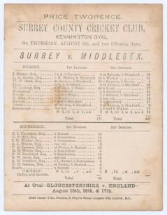 &lsquo;Surrey v. Middlesex&rsquo; 1878. Early original scorecard with incomplete printed scores for the drawn match at Kennington Oval 8th- 10th August 1878. Surrey scored 171 & 267, Middlesex 98 & 120/5. Middlesex&rsquo;s Alfred Stratford took six wickets in each innings 