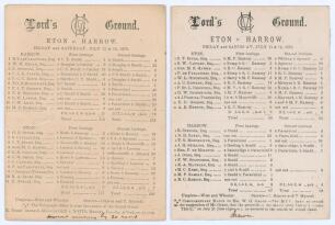 &lsquo;Eton v. Harrow&rsquo; 1878 & 1879. Two early original scorecards, both with complete printed scores for matches played at Lord&rsquo;s 12th & 13th July 1878 and 11th & 12th July 1879. In the 1878 match Harrow (119 & 224) beat Eton (117 & 206) by 20 runs. The 1879 ra