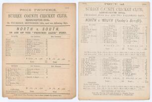&lsquo;North v. South&rsquo; 1878 & 1883. Two early original scorecards for matches played at Kennington Oval 19th- 21st September 1878 and 21st- 23rd June 1883. The 1878 scorecard with incomplete printed scores. North (303) beat South 64 & 116) by an innings and 123