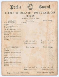 &lsquo;Eleven of England. Daft&rsquo;s American Eleven&rsquo; 1880. Early original scorecard with players listed for the start of the match played at Lord&rsquo;s 17th & 18th May 1880. The England XI (212 & 125) beat Richard Daft&rsquo;s XI (149 & 94) by 94 runs. Playing for England X