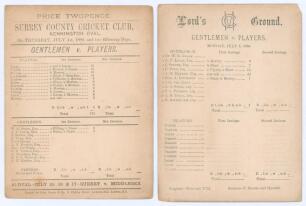 &lsquo;Gentlemen v. Players&rsquo; 1880. Two early original scorecards, both with incomplete printed scores, for the matches played at Kennington Oval 1st- 3rd July and Lord&rsquo;s 5th- 7th July 1880. At the Oval, Players (173 & 93) beat the Gentlemen (94 & 135) by 37 run