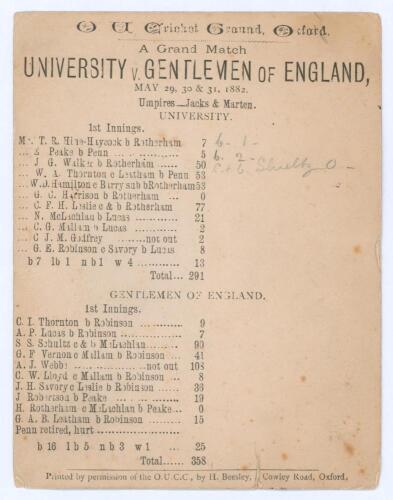 &lsquo;A Grand Match. [Oxford] University v. Gentlemen of England&rsquo; 1882. Early original single sided scorecard with incomplete printed and handwritten scores in pencil for the match played at The Parks, Oxford, 29th- 31st May 1882. Oxford University elected to 