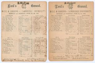 &lsquo;M.C.C. & Ground v. Cambridge University&rsquo; 1882 & 1883. Two early original scorecards for matches played at Lord&rsquo;s 19th- 21st June 1882 and 18th & 19th June 1883. The 1882 scorecard with complete printed and handwritten scores in ink. Cambridge (201 & 304)