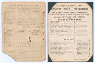 Yorkshire C.C.C. 1883. Two early original scorecards for Yorkshire matches in 1883. Matches are &lsquo;An Eleven of Yorkshire v. An Eleven of Leicestershire [pre first-class]&rsquo; played at Bramall Lane, Sheffield 9th & 10th July. Complete printed and handwritten s
