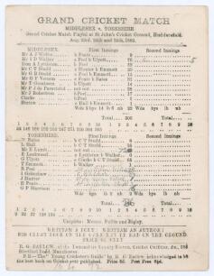 &lsquo;Grand Cricket Match. Middlesex v. Yorkshire&rsquo; 1883. Early original single sided scorecard for the match played at St. John&rsquo;s Cricket Ground, Fartown, Huddersfield, 23rd- 25th August 1883. Incomplete printed and handwritten scores. Middlesex elected to bat