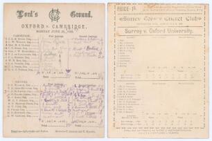 Oxford University 1883 & 1889. Two early original scorecards, one for the Varsity match, Oxford v. Cambridge, Lord&rsquo;s 25th- 27th June 1883, the other Surrey v. Oxford University, Kennington Oval 21st- 26th June 1889. The 1883 scorecard with complete handwr