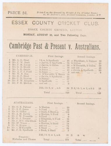 Australia tour to England 1886. &lsquo;Cambridge [University] Past & Present v. Australians&rsquo;. Early original double sided scorecard with complete printed scores for the tour match played at the Essex County Ground, Leyton, 23rd- 25th August 1886. Cambridge batt