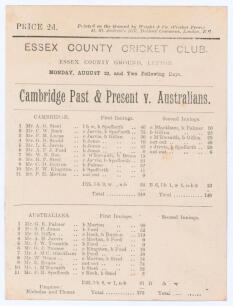 Australia tour to England 1886. &lsquo;Cambridge [University] Past & Present v. Australians&rsquo;. Early original double sided scorecard with complete printed scores for the tour match played at the Essex County Ground, Leyton, 23rd- 25th August 1886. Cambridge batt