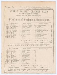 Australia tour to England 1886. &lsquo;Gentlemen of England v. Australians&rsquo;. Early original scorecard with complete printed scores for the drawn match played at Kennington Oval 17th- 19th June 1886. The Gentlemen scored 471 (W.G. Grace 148) and the Australians 