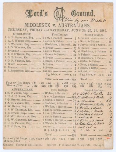 Australia tour to England 1886. &lsquo;Middlesex v. Australians&rsquo;. Early original scorecard with complete printed and handwritten scores in ink for the match played at Lord&rsquo;s 24th- 26th June 1886. Middlesex batted first reaching 259 (George Spillman 87, his high