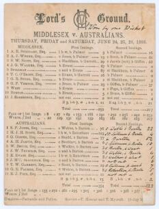 Australia tour to England 1886. &lsquo;Middlesex v. Australians&rsquo;. Early original scorecard with complete printed and handwritten scores in ink for the match played at Lord&rsquo;s 24th- 26th June 1886. Middlesex batted first reaching 259 (George Spillman 87, his high