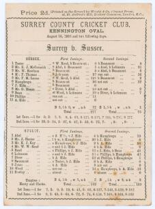 &lsquo;Surrey v. Sussex&rsquo; 1886. Early original scorecard with complete printed scores for the match played at the County Ground, Hove 16th- 18th August 1886. Sussex (277 & 75/6) beat Surrey (182 & 169) by four wickets. Sussex captain Frederick Lucas top scored i