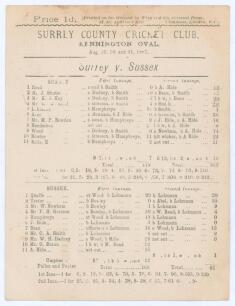 &lsquo;Surrey v. Sussex&rsquo; 1887. Early original scorecard for the match played at Kennington Oval 29th- 31st August 1877. Complete printed scores. Surrey batted first reaching 118, Sussex then posted a first innings lead with 163. Surrey then scored 362 (K.J. Key