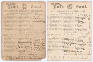 Australia tour to England 1888. Two early original tour scorecards, both with complete printed and handwritten scores in ink, for matches played at Lord&rsquo;s, v. Gentlemen 28th & 29th May and v. M.C.C. & Ground 21st- 23rd June. In the Gentlemen match (featu