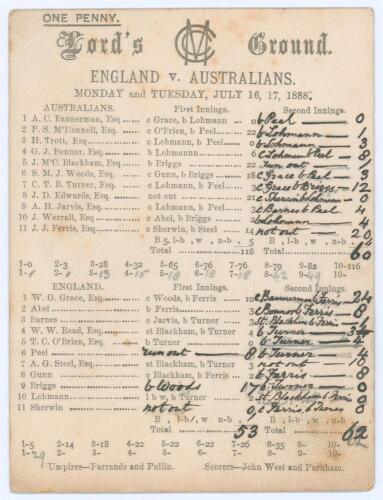 Australia tour to England 1888. England v. Australia. 1st Test, Lord&rsquo;s 16th & 17th July 1888. Early original scorecard with complete printed and handwritten scores in ink. On a muddy wicket, a low scoring match saw Australia bat first, scoring 116. Englan