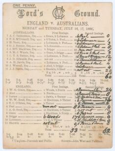 Australia tour to England 1888. England v. Australia. 1st Test, Lord&rsquo;s 16th & 17th July 1888. Early original scorecard with complete printed and handwritten scores in ink. On a muddy wicket, a low scoring match saw Australia bat first, scoring 116. Englan