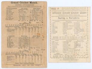 Yorkshire C.C.C. 1888 & 1889. Two early original scorecards, both with complete printed and handwritten scores in pencil. One is for Yorkshire v. Nottinghamshire at Bramall Lane, Sheffield 23rd & 24th July 1888. In a remarkable rain affected match, the st
