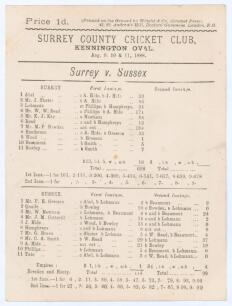 &lsquo;Surrey v. Sussex&rsquo; 1888. Early original scorecard with complete printed scores for the match played at Kennington Oval 9th- 11th August 1888. In a very one-sided affair, Surrey amassed 698 in their only innings, Walter Read scoring 171 and Monty Bowden a 