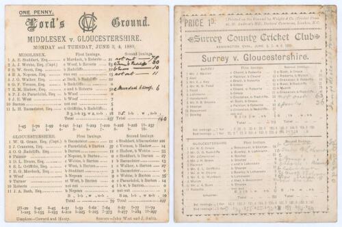 Gloucestershire C.C.C. 1889. Two early original scorecards with complete printed and handwritten scores in ink/ pencil. Matches are Middlesex v. Gloucestershire, Lord&rsquo;s, 3rd & 4th June 1889. Middlesex (237 & 140/3) beat Gloucestershire (79 & 297, W.G. Gra