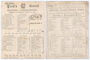 Gloucestershire C.C.C. 1889. Two early original scorecards with complete printed and handwritten scores in ink/ pencil. Matches are Middlesex v. Gloucestershire, Lord&rsquo;s, 3rd & 4th June 1889. Middlesex (237 & 140/3) beat Gloucestershire (79 & 297, W.G. Gra