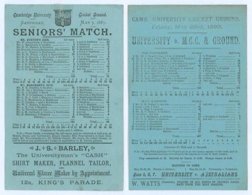 Cambridge University C.C. 1887 & 1890. Two early original scorecards for matches played at Fenner&rsquo;s Ground, Cambridge, both with complete printed scores. The first for the &lsquo;Seniors&rsquo; Match. Mr. [C.D.] Buxton&rsquo;s Side v. Mr. [F.] Marchant&rsquo;s Side&rsquo;, dated 7th M