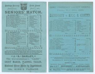 Cambridge University C.C. 1887 & 1890. Two early original scorecards for matches played at Fenner&rsquo;s Ground, Cambridge, both with complete printed scores. The first for the &lsquo;Seniors&rsquo; Match. Mr. [C.D.] Buxton&rsquo;s Side v. Mr. [F.] Marchant&rsquo;s Side&rsquo;, dated 7th M
