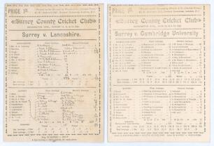 Surrey C.C.C. 1889 & 1890. Two early original scorecards for Surrey matches played at Kennington Oval. The first for the match v. Lancashire 15th- 17th August 1889 with complete handwritten scores in ink. Lancashire (226 & 73/2) beat Surrey (111 & 187) by