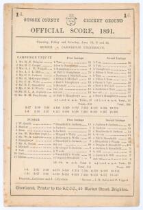 &lsquo;Sussex v. Cambridge University&rsquo; 1891. Early original double sided scorecard with complete printed scores for another remarkable match played at The County Ground, Hove, 18th- 20th June 1891. The same fixture the previous season had produced the highest a