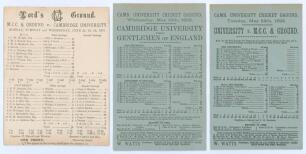 Cambridge University C.C. 1891 & 1892. Three early original scorecards, all with complete printed scores. Matches are v. M.C.C. & Ground at Lord&rsquo;s 22nd- 24th June 1891, M.C.C. (283) beat Cambridge (36 & 113) by an innings and 134 runs. Also two for matche