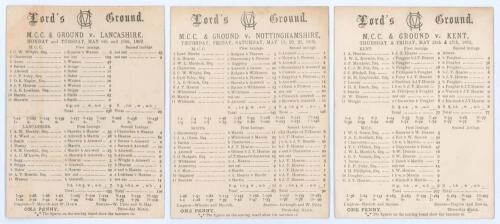 M.C.C. Club & Ground 1892. Three early scorecards for matches played at Lord&rsquo;s in 1892. v. Lancashire 9th & 10th May, M.C.C. (238 & 29/0) beat Lancashire 155 & 110) by ten wickets. W. Chatterton carried his bat with 109no for M.C.C. in their first innings