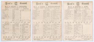M.C.C. Club & Ground 1892. Three early scorecards for matches played at Lord&rsquo;s in 1892. v. Lancashire 9th & 10th May, M.C.C. (238 & 29/0) beat Lancashire 155 & 110) by ten wickets. W. Chatterton carried his bat with 109no for M.C.C. in their first innings