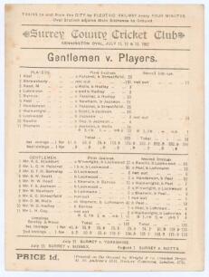 &lsquo;Gentlemen v. Players&rsquo; 1892. Early original scorecard for the match played at Kennington Oval 11th- 13th July 1982. Complete printed scores. Players scored 325 with Arthur Shrewsbury carrying his bat for 151no. In reply Gentlemen were bowled out for 182 a