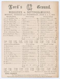&lsquo;Middlesex v. Nottinghamshire&rsquo; 1893. Early original scorecard for the match played at Lord&rsquo;s 5th- 7th June 1983. Complete printed scores. Middlesex (327 & 304) beat Nottinghamshire (301 & 273) by 57 runs. A.E. Stoddart scored centuries for Middlesex in ea