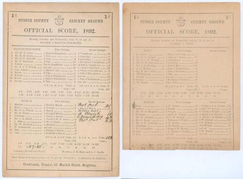 Sussex C.C.C. 1892. Two early original scorecards for matches played at Hove in 1892. Matches are v. Gloucestershire 13th & 14th June. Complete printed and handwritten scores in ink. Gloucestershire (125 & 205) lost to Sussex (228 & 103/3) by seven wicket