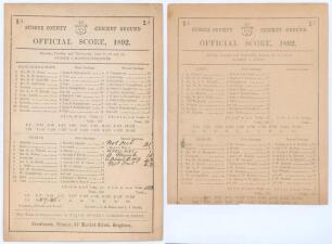 Sussex C.C.C. 1892. Two early original scorecards for matches played at Hove in 1892. Matches are v. Gloucestershire 13th & 14th June. Complete printed and handwritten scores in ink. Gloucestershire (125 & 205) lost to Sussex (228 & 103/3) by seven wicket