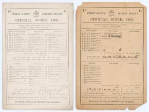Sussex C.C.C. 1893. Two early original scorecards for matches played at Hove in 1893. One with complete printed scores for the match v. Cambridge University 22nd- 24th June 1893. Cambridge (232 & 215) lost to Sussex (291 & 158/8) by two wickets. Good/ ver