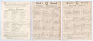 Middlesex C.C.C. 1893. Three early original scorecards, all with complete printed scores. One is for the match v. Surrey at Kennington Oval 25th- 27th May 1893. Surrey (122 & 226) lost to Middlesex (317 & 32/3) by seven wickets. The others are for matches