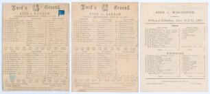 &lsquo;Eton v. Harrow&rsquo; 1892 & 1893. Two early original scorecards for matches played at Lord&rsquo;s, both with complete printed scores. Matches are 8th & 9th July 1892, Harrow (214 & 116) beat Eton (144 & 122) by 64 runs, and 14th & 15th July 1893, Harrow (125 & 105