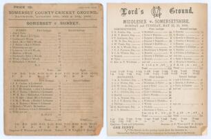 Somerset C.C.C. 1892 & 1893. Two early original scorecards for Somerset matches. One for the match v. Surrey played at Taunton 15th- 17th August 1892, with incomplete printed scores. Surrey (253 & 156) beat Somerset (174 & 49) by 186 runs. George Lohmann 