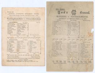 &lsquo;Nottinghamshire v. Gloucestershire&rsquo; 1891. Early original scorecard with complete printed scores for the match played at Trent Bridge, 30th July- 1st August 1891. Gloucestershire (294) beat Nottinghamshire (78 & 94) by an innings and 122 runs. Printed on 
