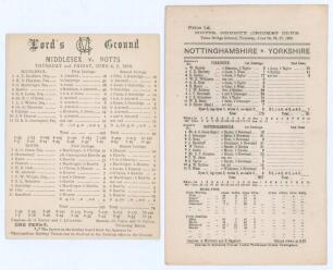 &lsquo;Middlesex v. Notts&rsquo; 1896. Early original scorecard with complete printed scores for the match played at Lord&rsquo;s, 4th & 5th June 1896. Middlesex (227 & 90) beat Nottinghamshire (120 & 74) by 123 runs. Attewell took eleven wickets in the match for Nottingha